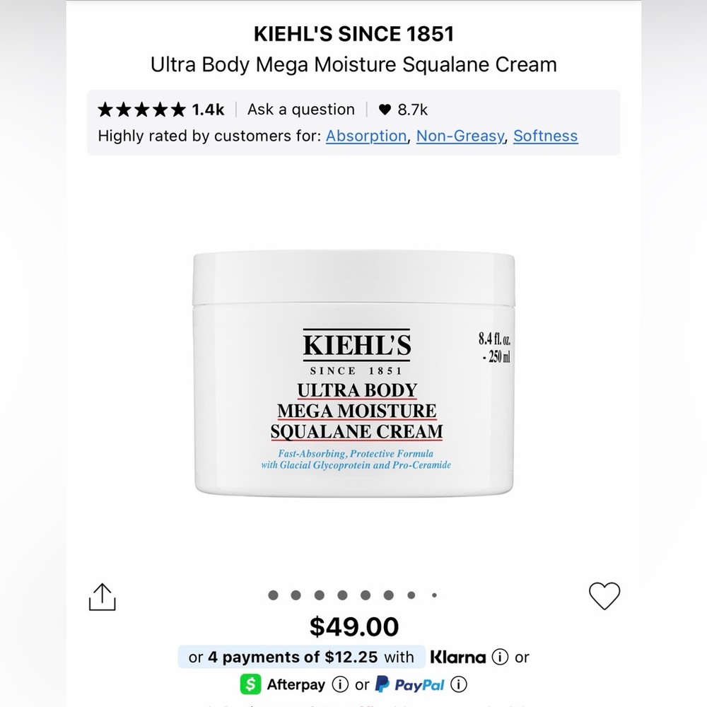 Kiehl's Ultra Body Mega Moisture Squalane Cream BRAND NEW NWT